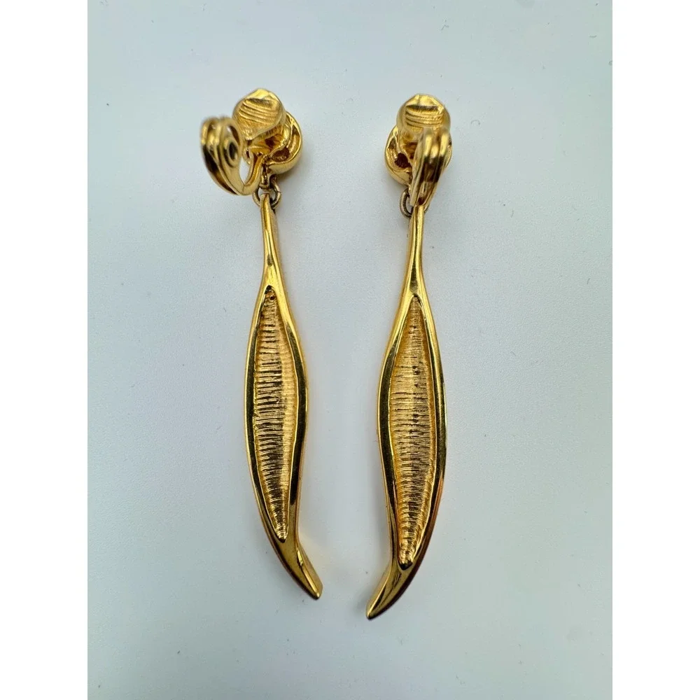 Vintage Monet Earrings Long Gold Drop Sculptural Dangle Sleek